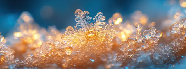 Macro snowflakes resting on frosty ice with soft blue bokeh lights