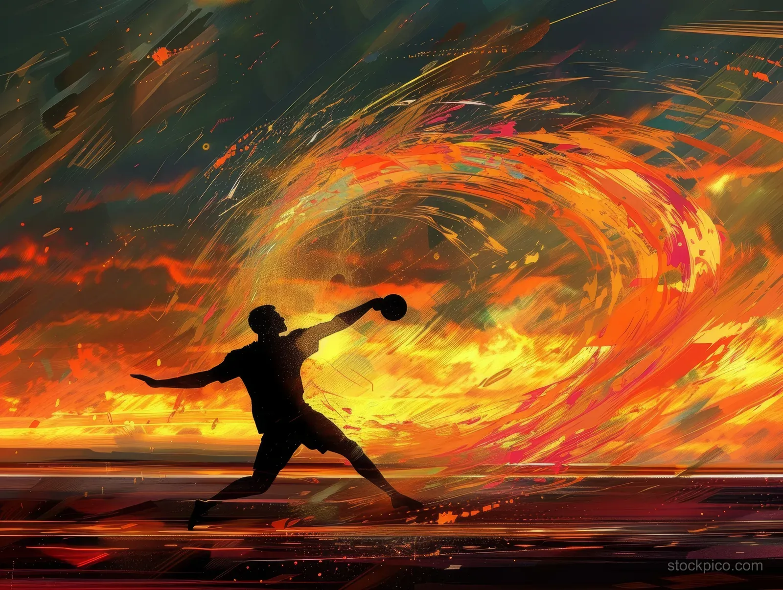 Silhouetted discus thrower in motion at a stadium track with orange sunset light swirling behind.