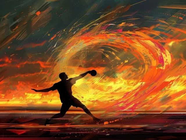 New Zealand discus thrower silhouetted mid-throw, blazing sunset swirl behind