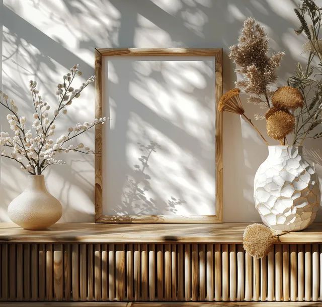 Wooden picture frame mockup on a sideboard with dried flowers and ceramic decor under sunlit leaf shadows.