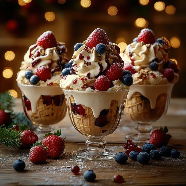 Three glass dessert cups with creamy ice cream, berry toppings, chocolate drizzle, festive lights behind