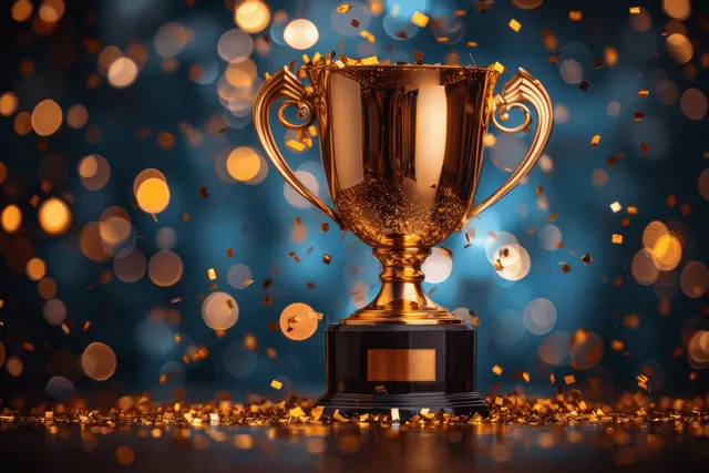 Golden trophy cup with glittering confetti and warm bokeh lights on a dark background.
