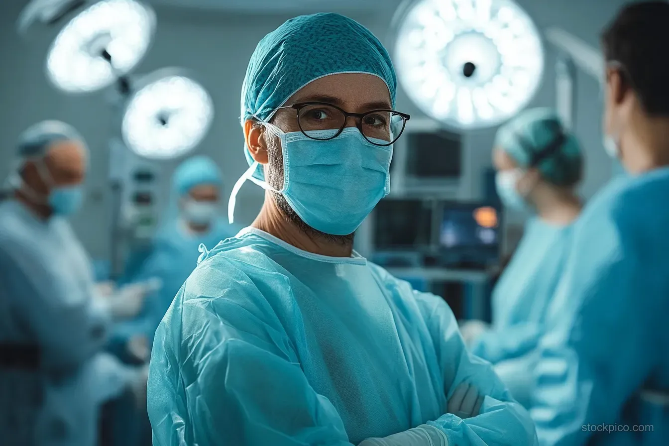 Masked surgeon with glasses and arms crossed in a brightly lit operating room with surgical lights and a medical team behind.