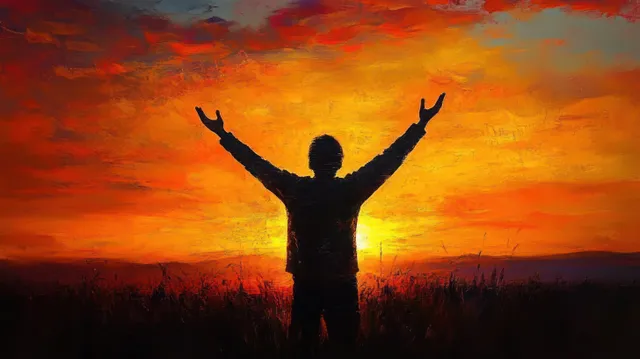 Silhouette person with arms raised in a grassy field at blazing orange sunset horizon