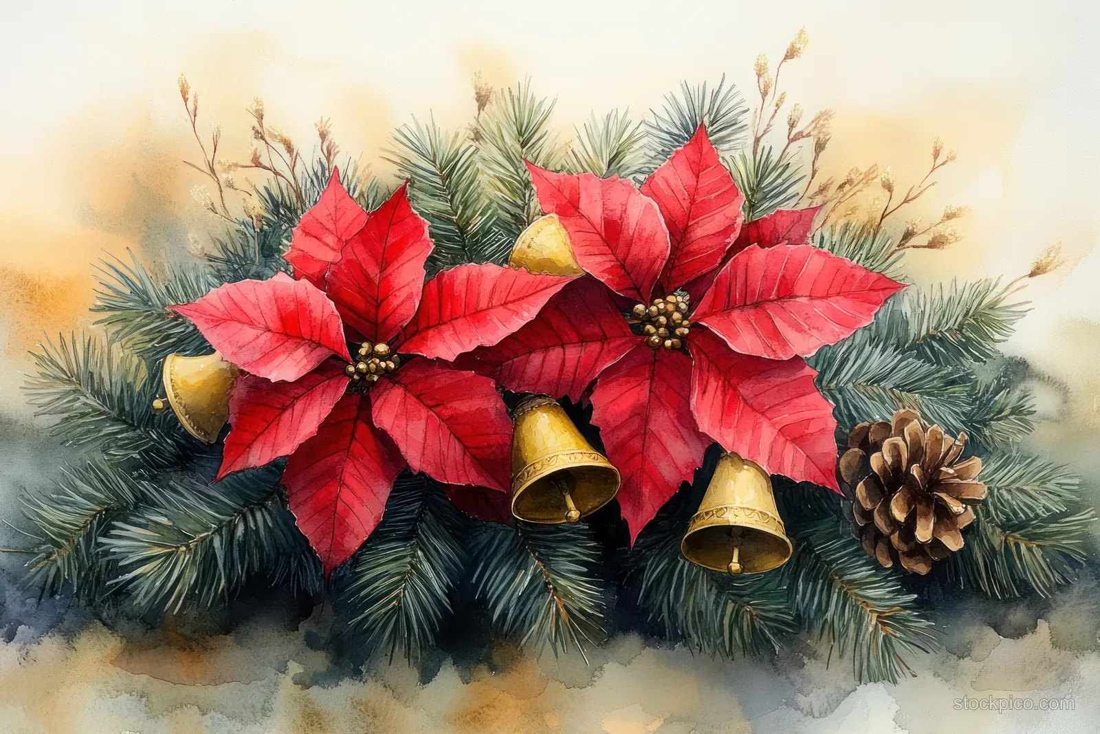 Watercolor wreath of red poinsettias, golden bells, and pine needles arranged on a snowy winter background.