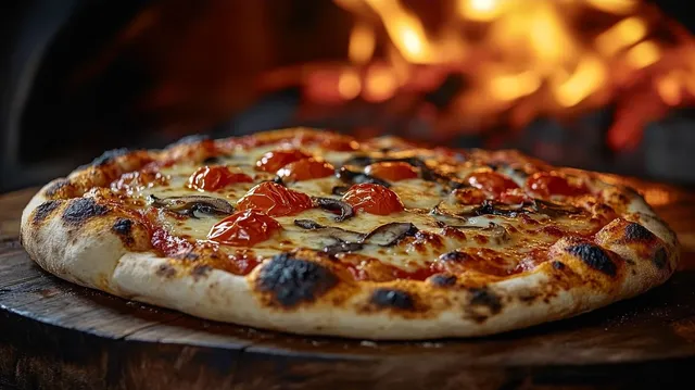 Wood-fired pizza topped with cherry tomatoes and mushrooms, on rustic board by blazing oven