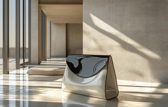 A black and white bread packaging pouch floats on a studio floor under bright light beams.