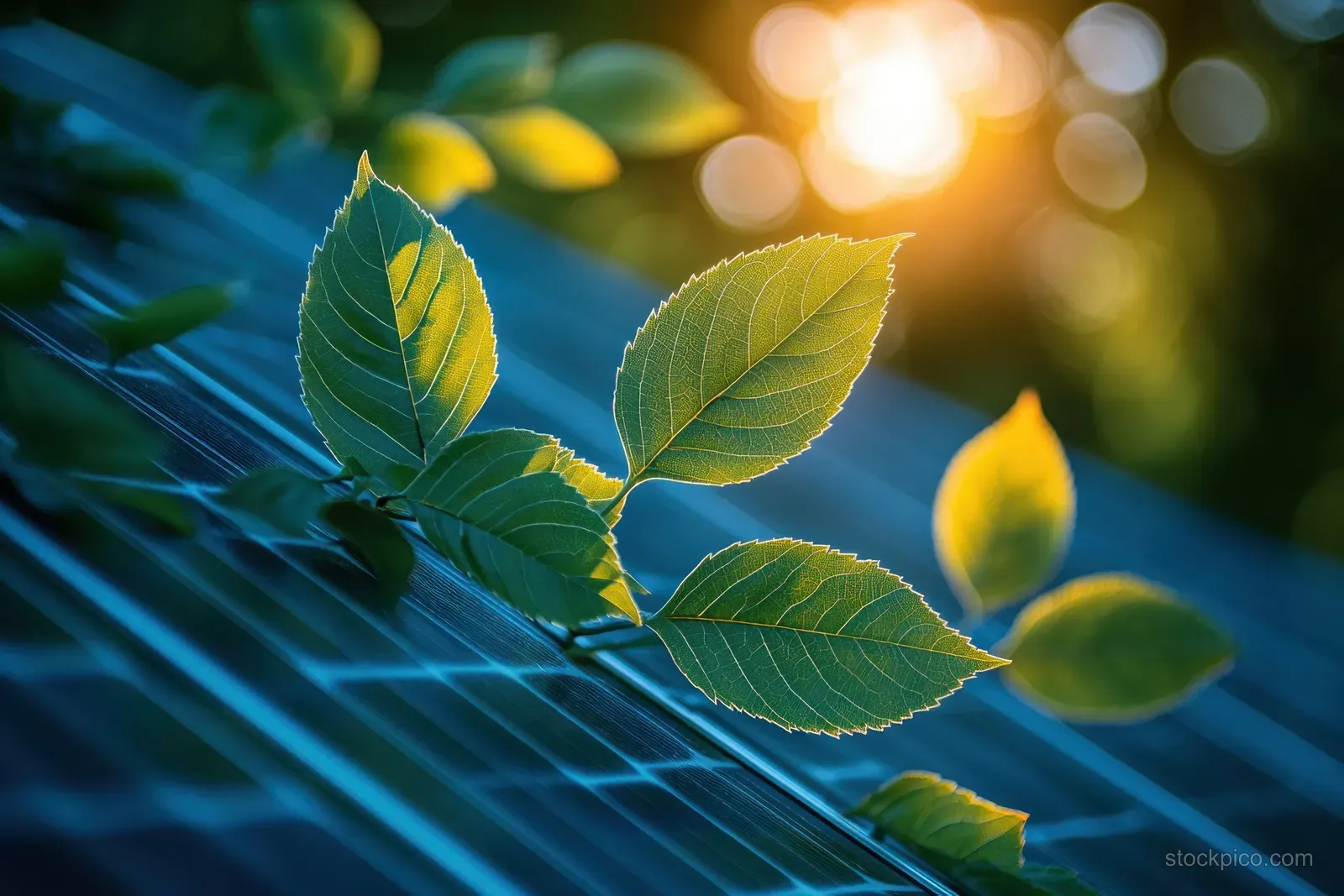 Green leaves rest on a blue photovoltaic solar panel surface in warm sunlight.