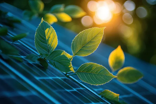 Green leaves rest on a blue photovoltaic solar panel surface in warm sunlight.