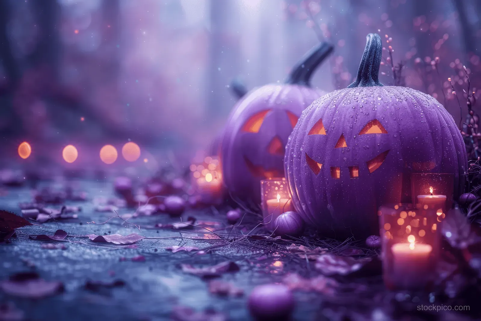Purple jack-o-lantern pumpkins glow with candlelight in misty Halloween darkness with scattered leaves.