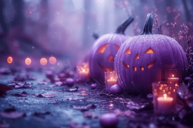 Purple jack-o-lantern pumpkins glow with candlelight in misty Halloween darkness with scattered leaves.