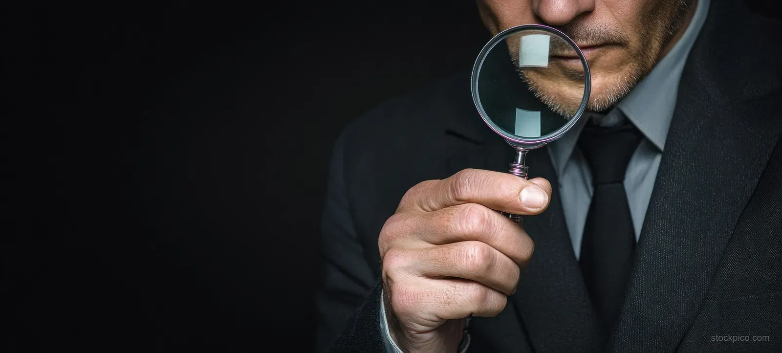 A suited man holds a magnifying glass near his face as he examines details against a black background.