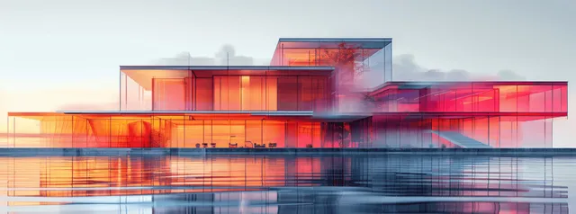 Transparent house blueprint rendering displays holographic orange pink layers, window frames, and internal structural lines.