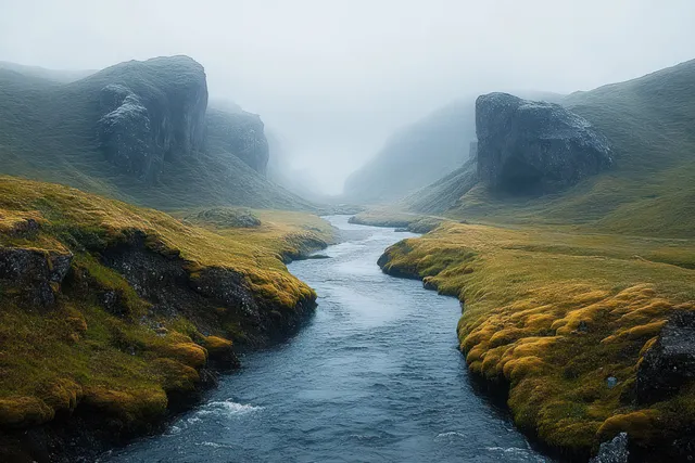 Misty narrow river winding through mossy rocky valley beneath overcast cliffs