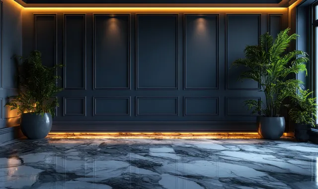 Minimal lounge interior with dark paneled walls, marble floor reflections, and warm LED strip lighting.