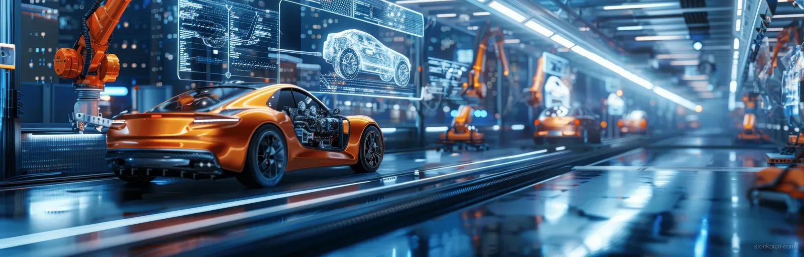 Robotic arms assemble an electric car on a glowing factory production line under blue holographic schematics.
