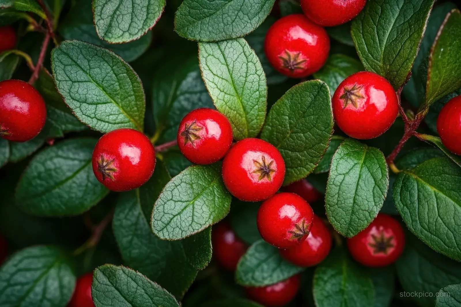 Bright red berries clustered among textured green leaves in close-up.