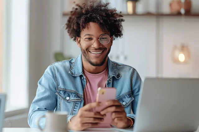 Smiling young man seated at a laptop desk holding a smartphone in a bright office.