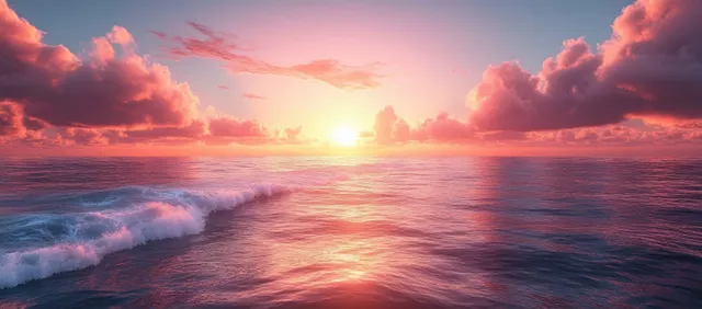 Sunrise over a calm ocean with pastel clouds and gentle waves rolling onto the shore.