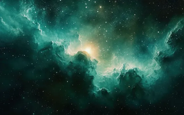 Emerald nebula gas clouds glow in deep space around a dense field of small stars.