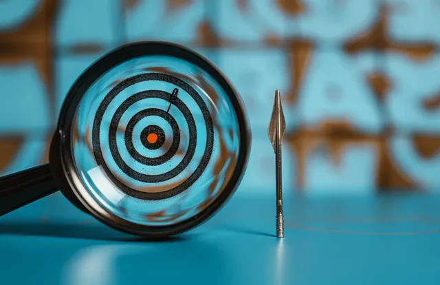 Magnifying glass highlights a bullseye target with a dart on a blue background.