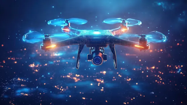 A neon-lit futuristic drone hovers in a starry cyberpunk sky with glowing cyan rotors and a visible camera.
