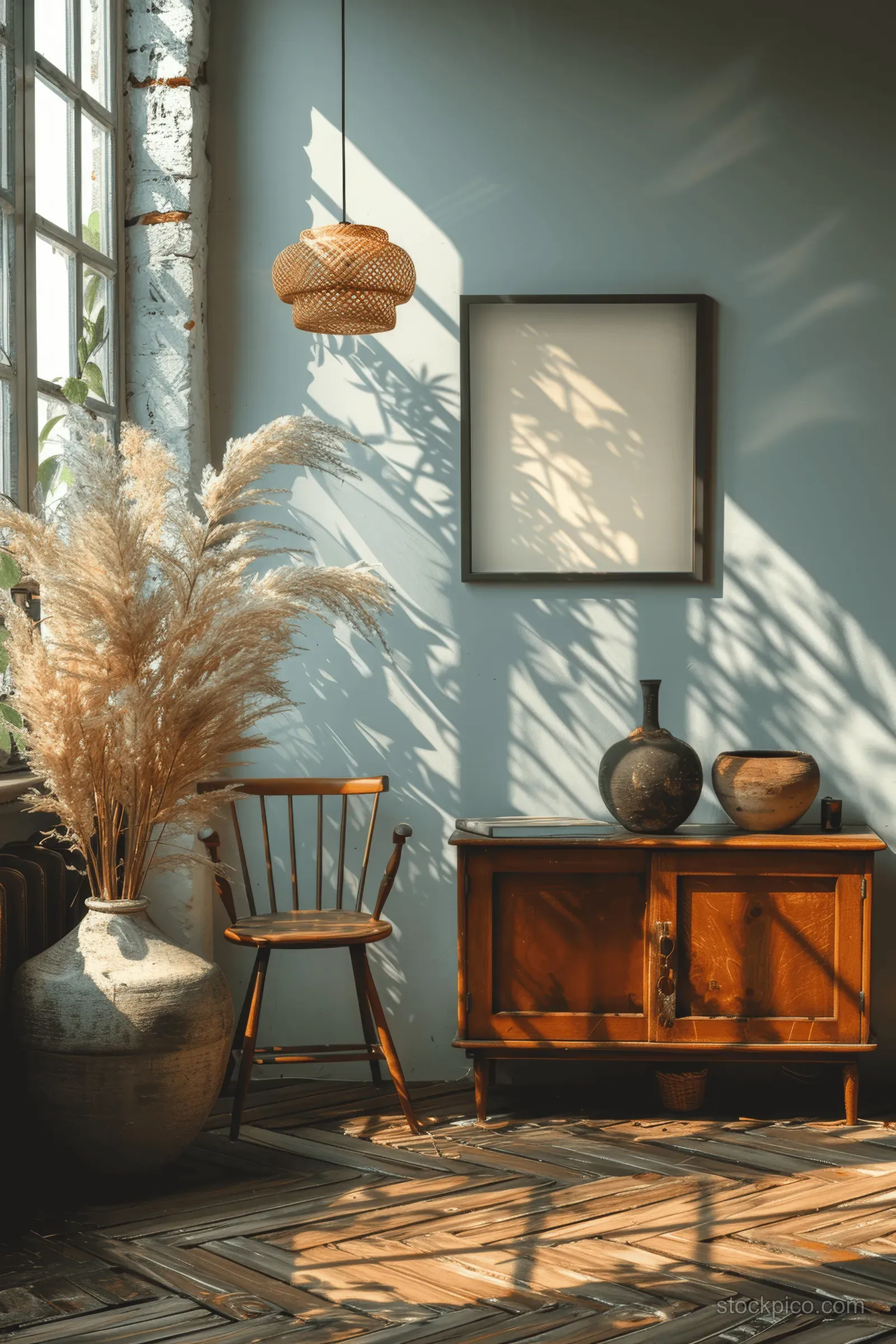 Sunlit minimalist room with framed artwork above a wooden cabinet and long window shadows across a parquet floor.