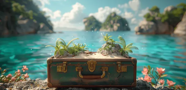 An open suitcase reveals a tropical beach paradise with turquoise water, sandy shores, and palm trees.