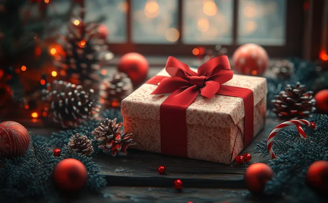Christmas gift box with red ribbon on pine branches, glowing bokeh lights behind