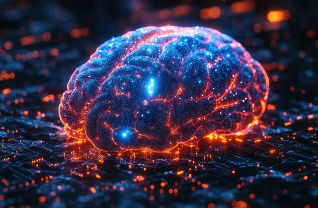 A glowing holographic brain floats above scattered neural data points in a dark cyberpunk laboratory scene.