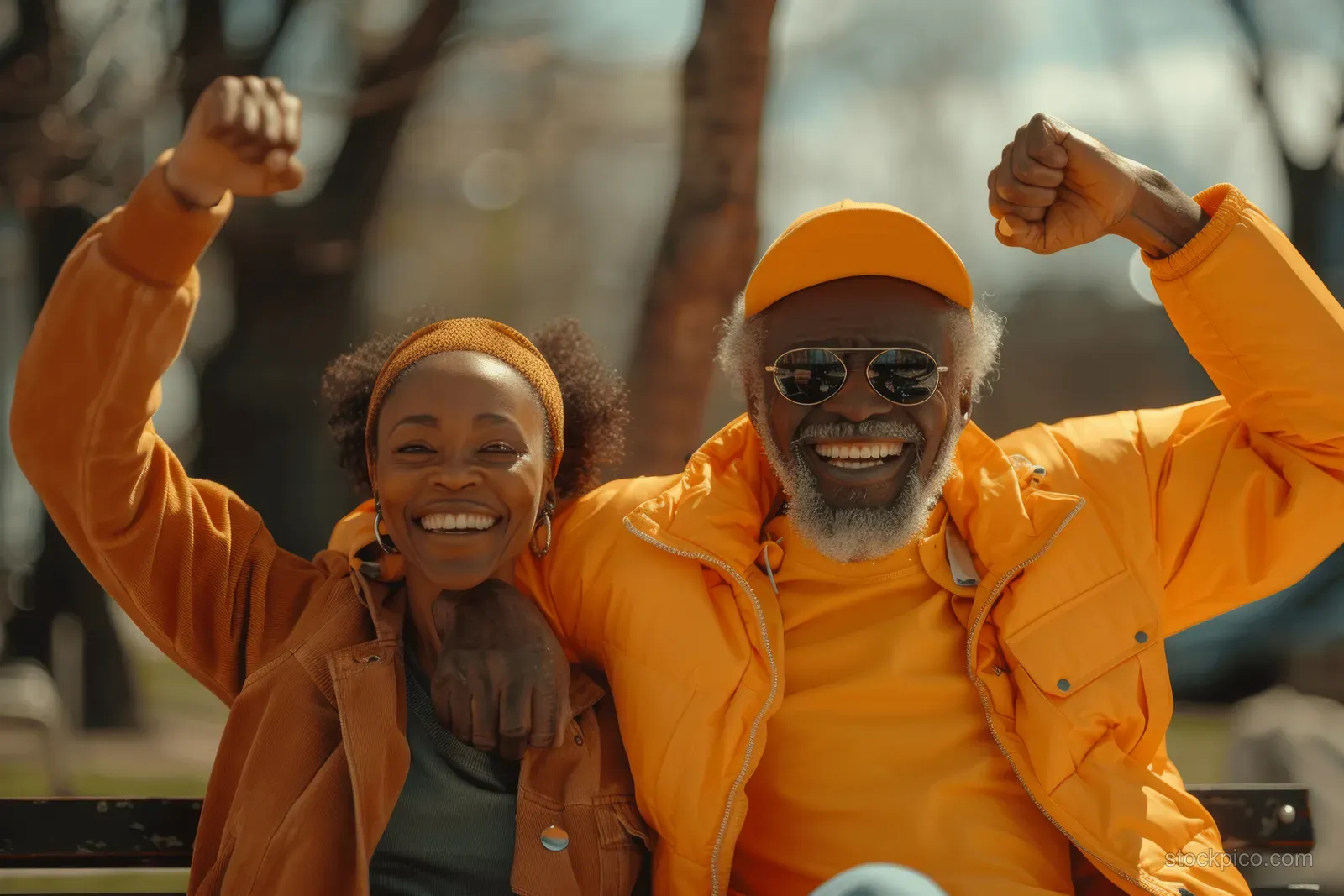 Senior African American couple in sportswear lifts their fists while smiling and celebrating near the seaside promenade.