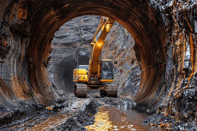 Excavator bucket digs a trench inside a tunnel, with rocky arched walls and wet ground visible.