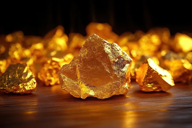 Close-up of scattered golden nuggets on wood, warm light highlighting glittering rough facets