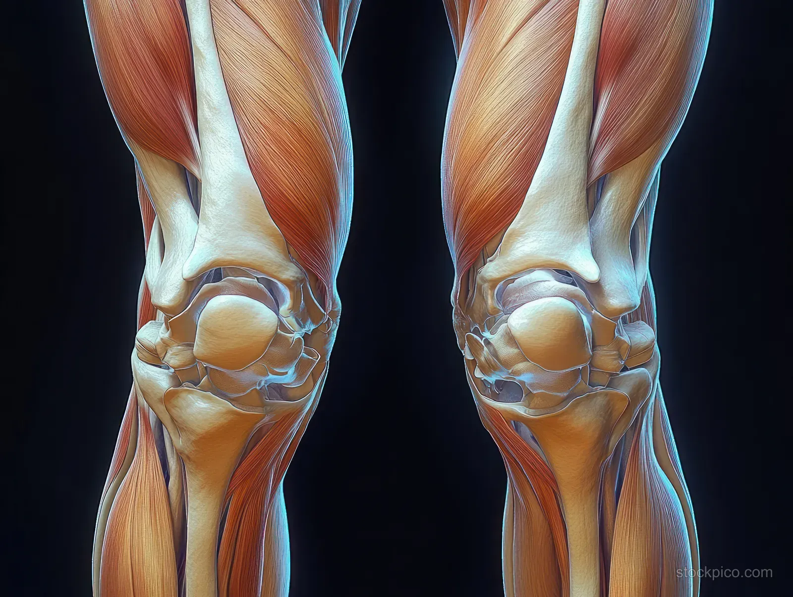 Front anatomical view of human knees displaying femur, tibia, ligaments, tendons, and cartilage in vivid detail.