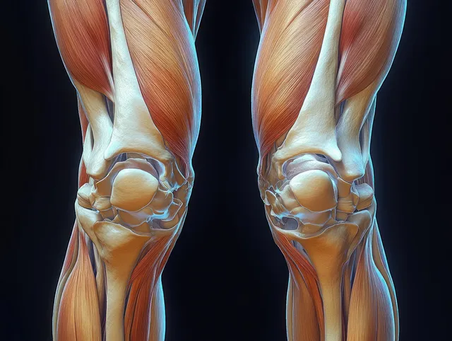 Front view of human knee anatomy with femur, tibia, ligaments and cartilage structure