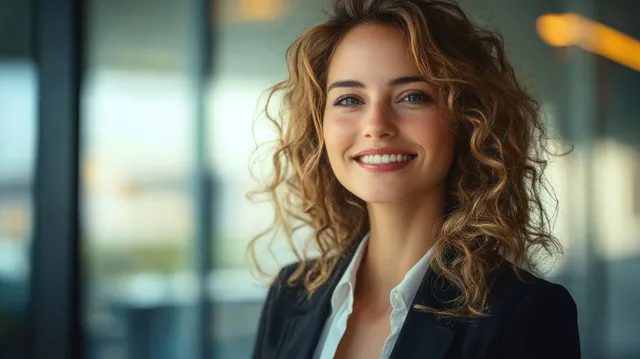 Cheerful businesswoman laughing beside office window, glasses, desk laptop, warm lighting