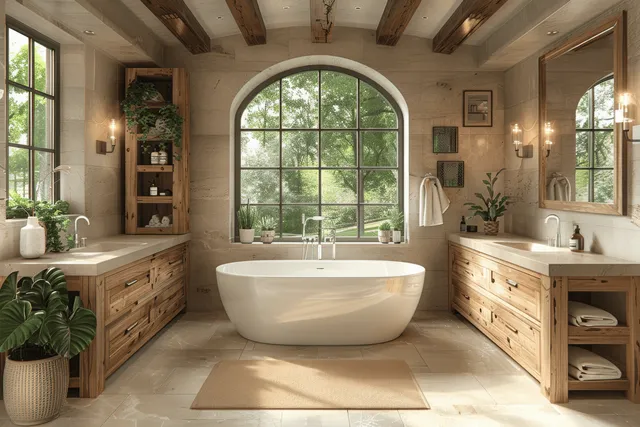 Freestanding bathtub centered under an arched window with wooden cabinets, stone tile floor, and warm sconces.