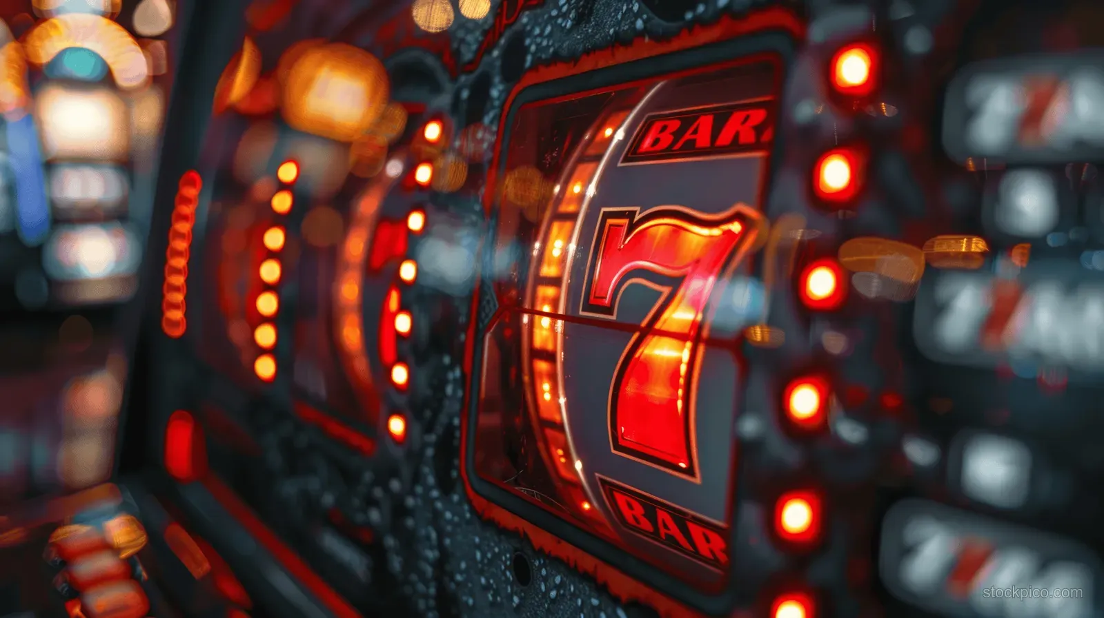 Casino slot machine showing number 72 with red glowing lights and blurred bokeh in the background.