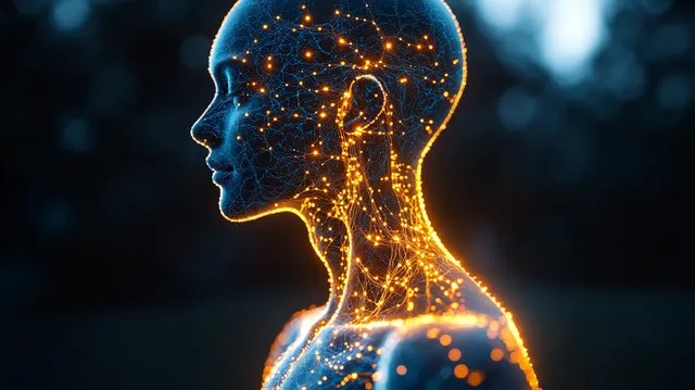 Side profile human silhouette with glowing neural network lines in blue and orange