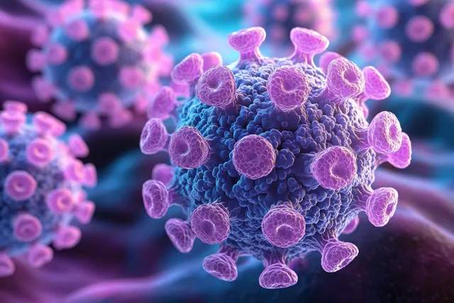 A blue virus particle with purple spike proteins floats against a blurred microscopic background.