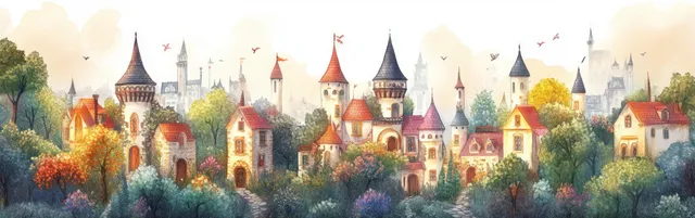 Whimsical fairy tale village panorama painted in watercolor with colorful towers, houses, and blooming gardens.