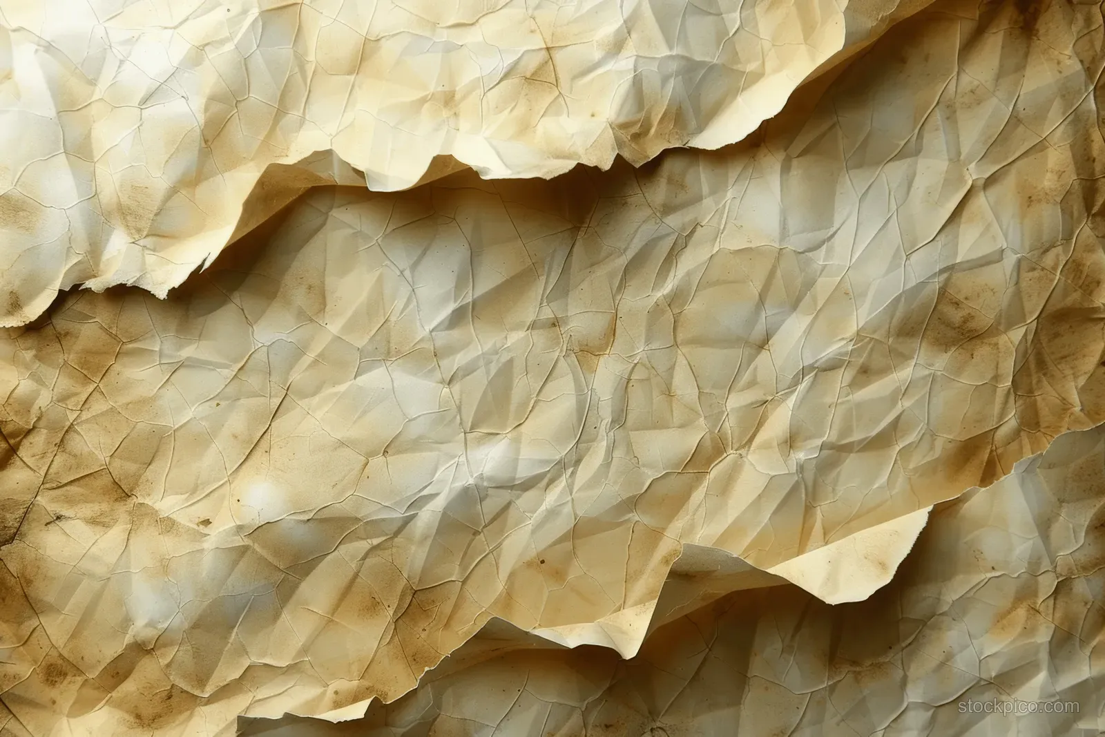 Crumpled beige parchment paper pieces layered over a weathered concrete wall texture background.