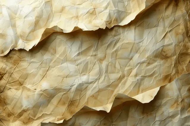 Crinkled vintage parchment layered over beige concrete wall texture background