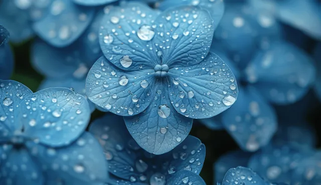 Blue and violet hydrangea blooms with dew droplets, macro focus on mid-right petals