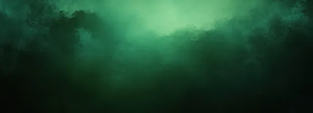 Fundo abstrato verde escuro com textura grunge esfumaçada, névoa suave de holofote e bordas com vinheta escura.