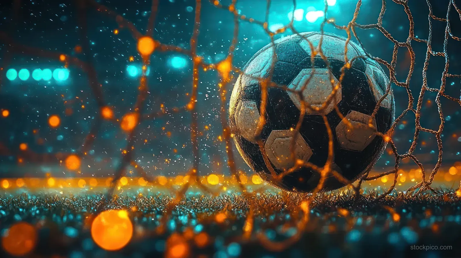 A soccer ball sits in a goal net under glowing stadium lights with colorful orange and blue bokeh.
