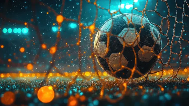 A soccer ball sits in a goal net under glowing stadium lights with colorful orange and blue bokeh.