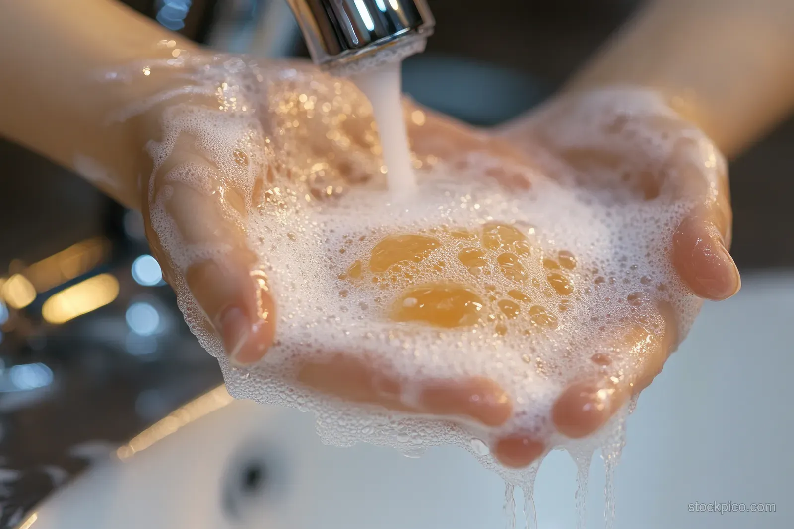Close-up of hands lathered with soap foam under a sink tap with visible bubbles and water stream.