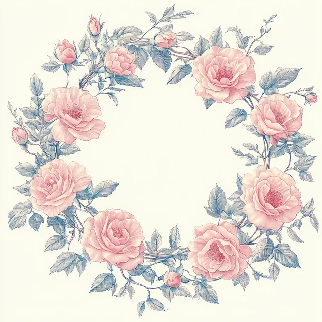 Circular wreath of soft pink blooming roses with green leaves and small buds on a light background.