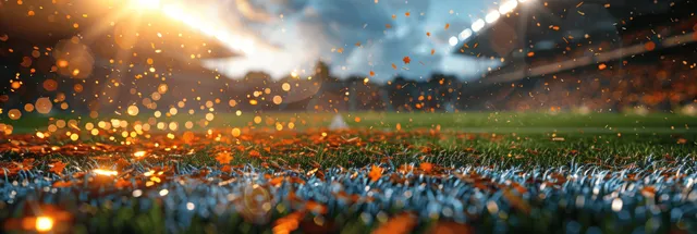 Golden confetti rains over a brightly lit stadium field during an evening soccer championship celebration.